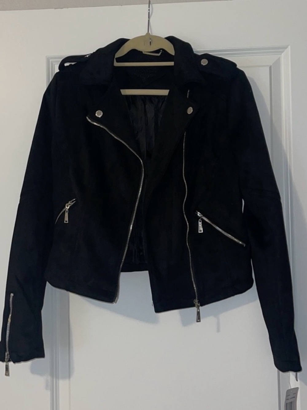 Jou Jou Black Suede-Look Moto Jacket with Silver Hardware